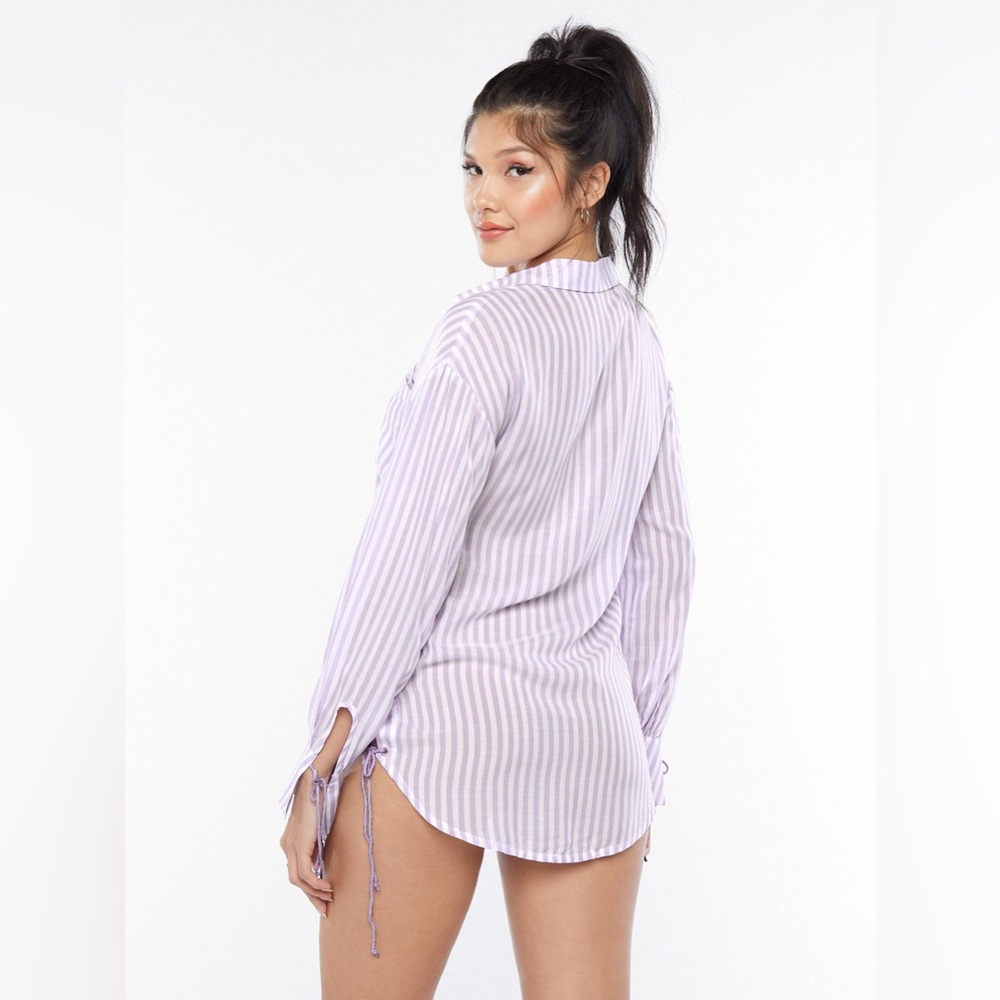 NWT Savage X Fenty Coastal Stripe Woven Voile Long Sleeve Sleep Shirt - Picture 3 of 7
